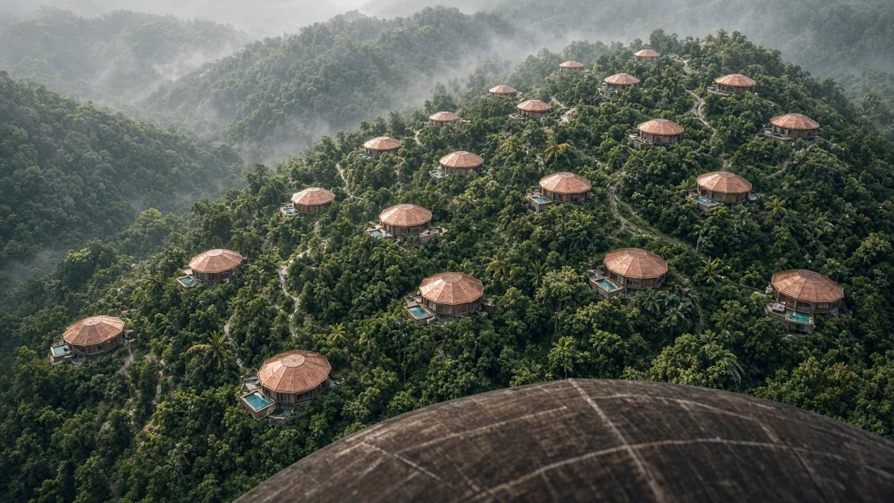 Conceptual rendering — hillside off-grid homes in dark forest on a Belize jungle ridge