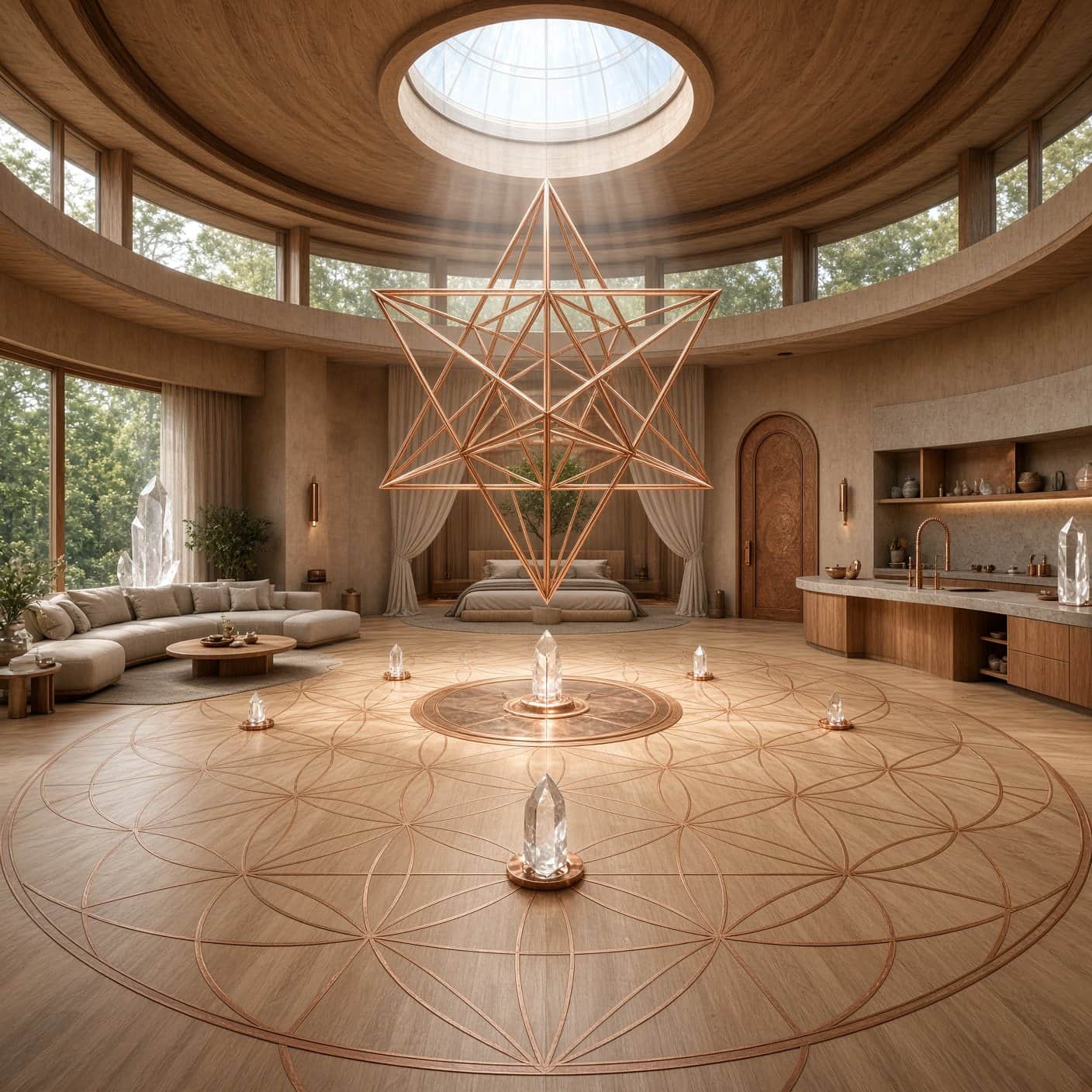 Conceptual rendering — interior field chamber of a twelve-sided circular home
