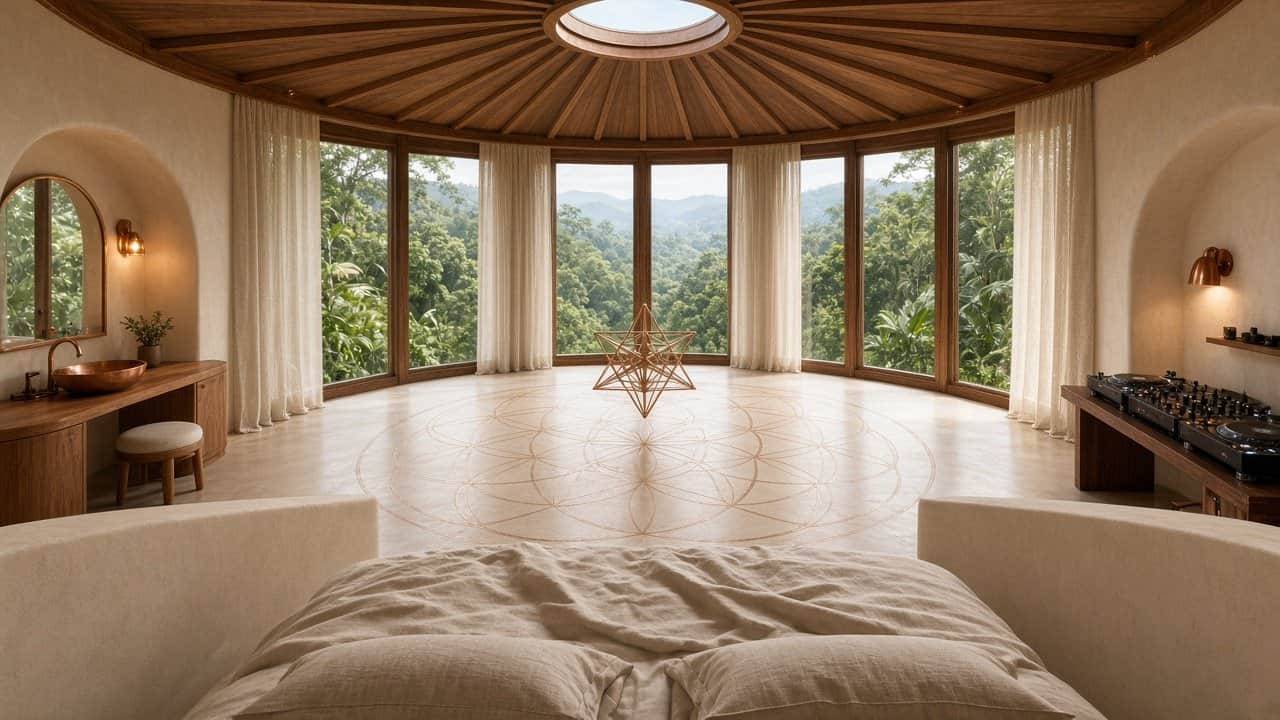 Conceptual rendering — bed in a twelve-sided circular home facing valley glass, with the Merkaba axis