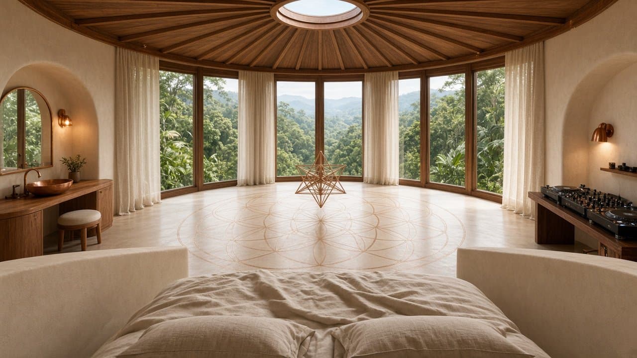 Conceptual rendering — bed facing valley glass with Merkaba on the central axis