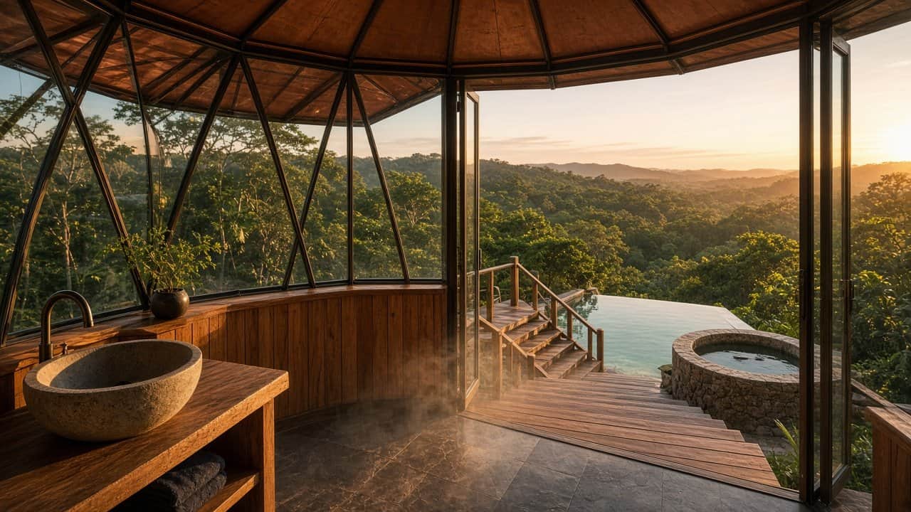 Conceptual rendering — evening spa wing of an off-grid home opening toward private water
