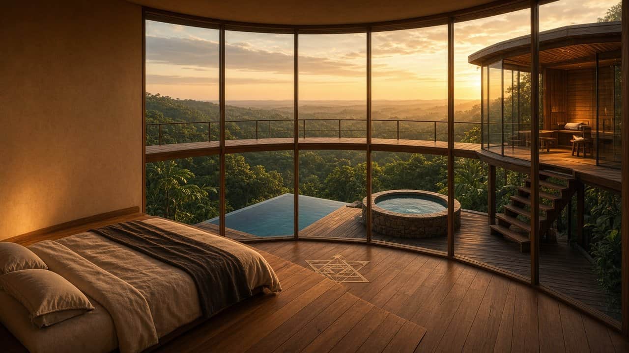Conceptual rendering — view from a twelve-sided circular home over the pool on a Belize jungle ridge