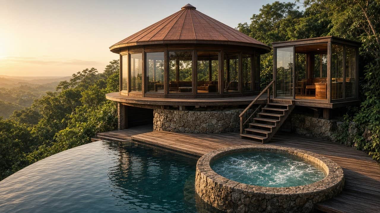 Conceptual rendering — from the pool looking up at a twelve-sided circular home